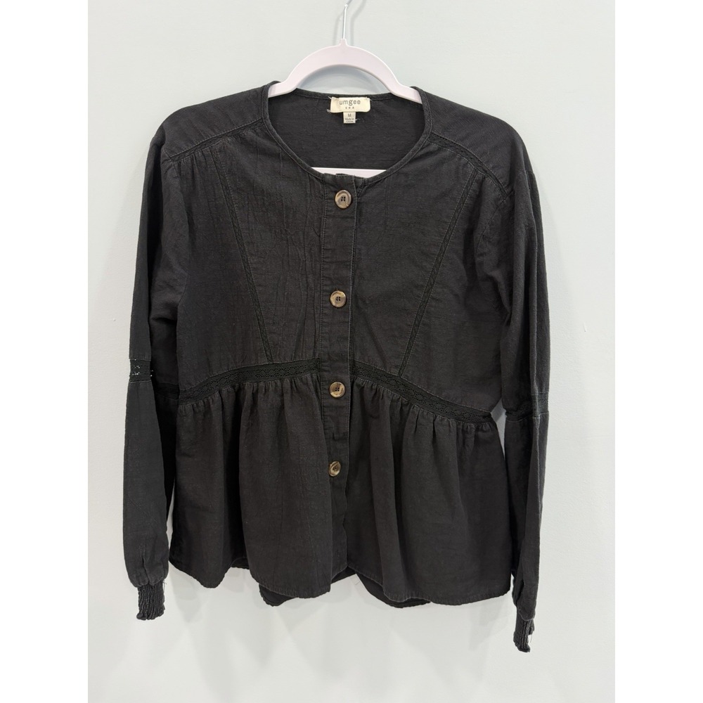 Umgee Black Peplum Top Medium Long Sleeve Button Front Boho Cottagecore